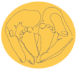 Yellow circle with adult hands holding baby feet inside of them.