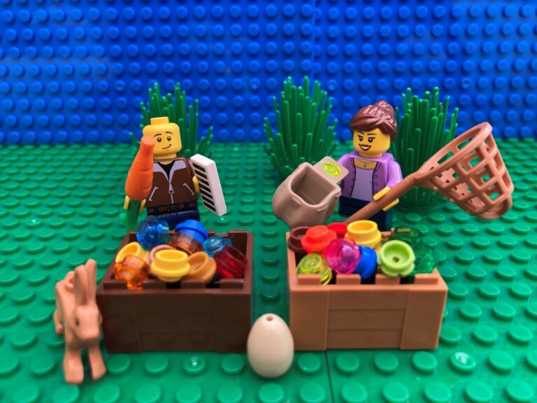 Parents gathering all they need for an Easter Egg hunt - eggs, baskets and clues.