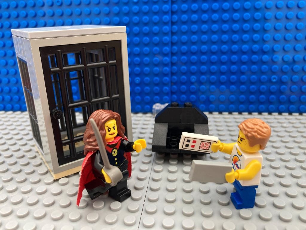 Evil Mum and child battling with swords and phones over screen time