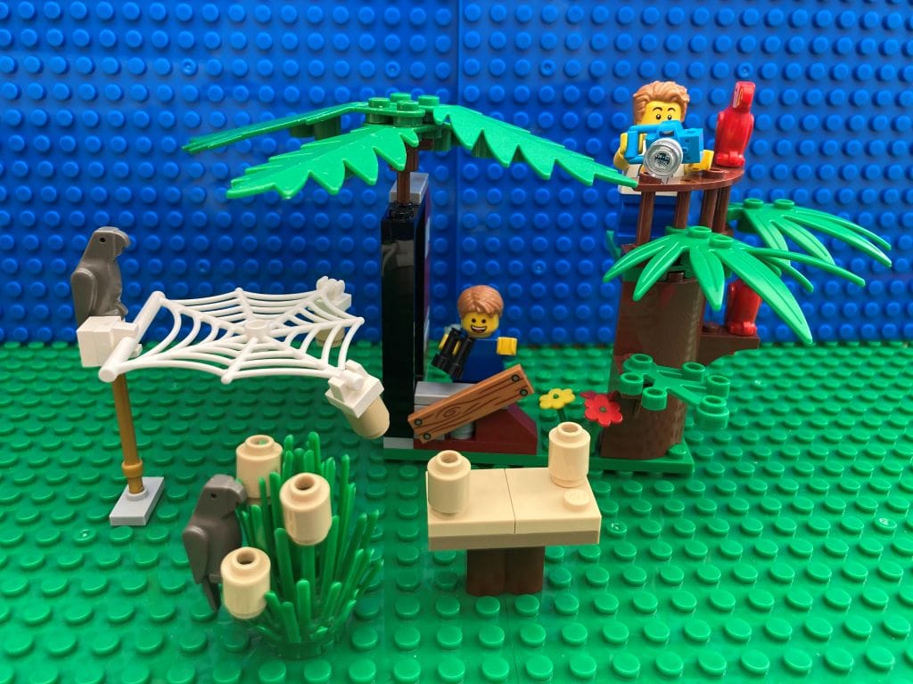 Two children hang out their kid friendly bird feeders and watch for birds in their garden