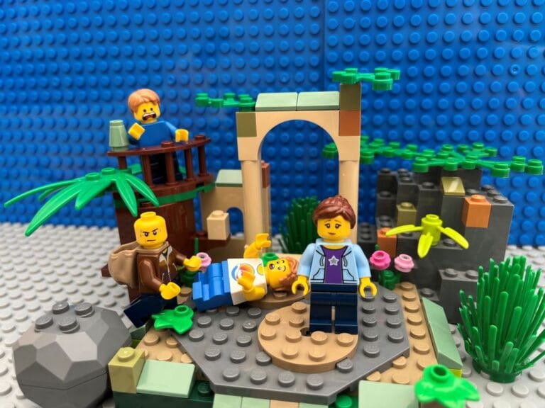 Family exploring the ruins of an old castle