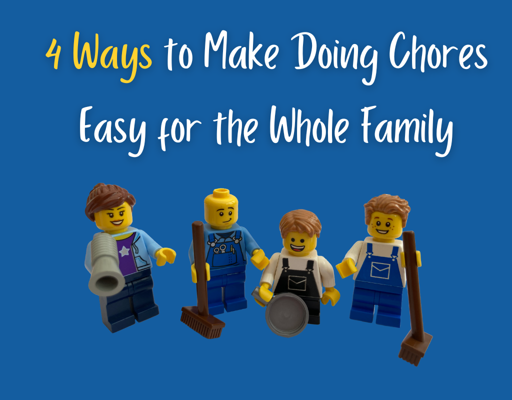 4 ways to make doing chores easy for the whole family. Image: mum, dad and two children holding brooms
